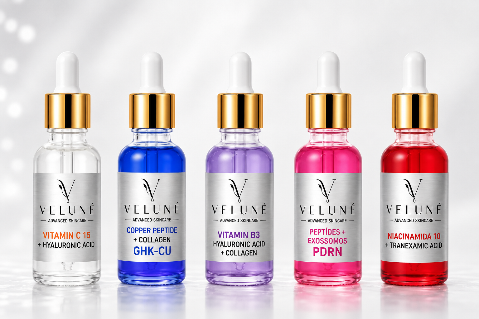 Linha completa de séruns VELUNÉ em fundo branco